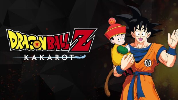Goku is holding a child in front of a dark background with the Dragon Ball Z Kakarot logo, HD Desktop Wallpaper
