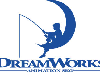 Dreamworks logo featuring a boy fishing while sitting on a crescent moon in blue color