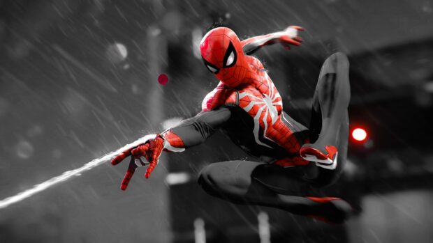 Spider Man leaps forward while shooting web in a dynamic scene, 4K Desktop Wallpaper