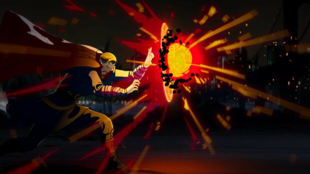 A character casting a vibrant magic attack in a dark cityscape scene from What If Wallpapers, HD Desktop Wallpaper