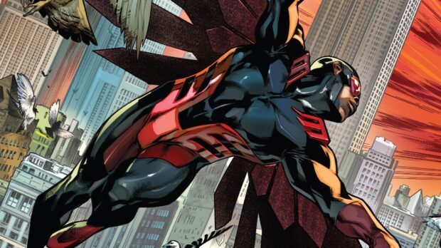 A super hero is shown flying dynamically above a cityscape with buildings and birds around, HD Desktop Wallpaper