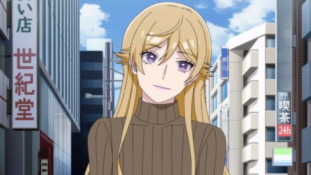 A blonde character with purple eyes smiles gently in a city setting for Blue Period wallpapers, HD Desktop Wallpaper