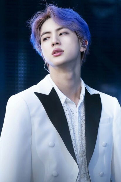 Jin Bts Wallpapers showing a stylish pose in a white suit, HD Phone Wallpaper