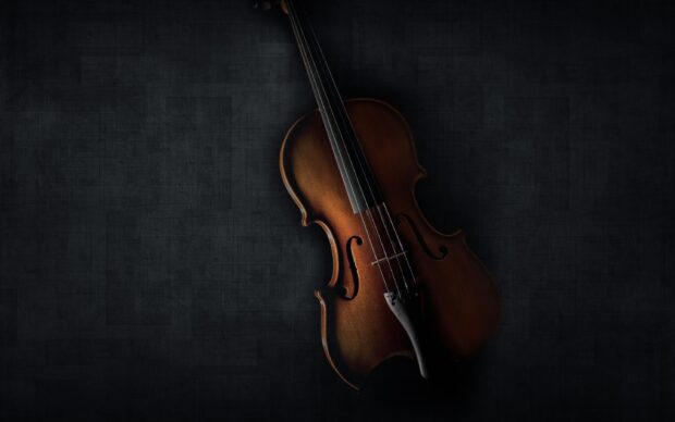 A classic violin rests against a dark textured background in this violin wallpapers, 2K Desktop Wallpaper
