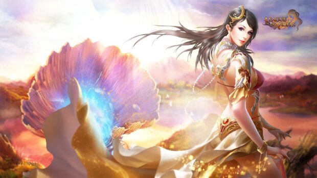 A female warrior in golden armor stands glowing in a magical landscape from League Of Angels, HD Desktop Wallpaper