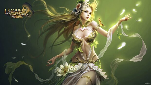 A fantasy character from League Of Angels wallpapers is surrounded by flowers and a butterfly, HD Desktop Wallpaper