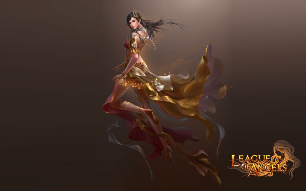 A graceful League Of Angels character floats with glowing dress in brown background, 2K Desktop Wallpaper