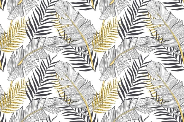 The design features elegant gold leaf and black botanical elements with detailed lines, 2K Desktop Wallpaper