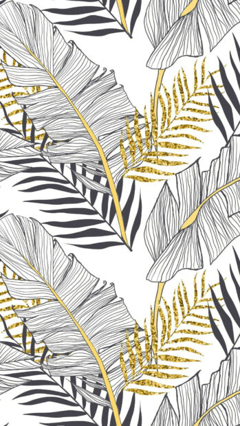 The image shows black and white leaves accented with glittering gold leaf details, HD Phone Wallpaper
