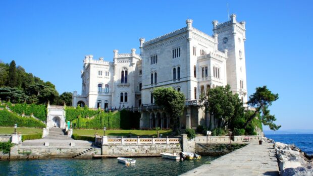 A grand white castle beside the calm water in Trieste wallpapers, HD Desktop Wallpaper