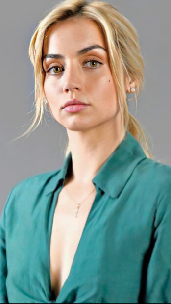 A close up of Ana De Armas wearing a green blouse with a serious expression, 4K Phone Wallpaper