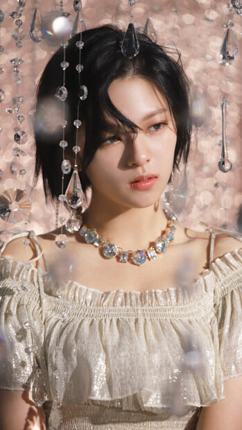 Jeongyeon Twice wears a sparkling necklace surrounded by crystal decorations, 4K Mobile Wallpaper