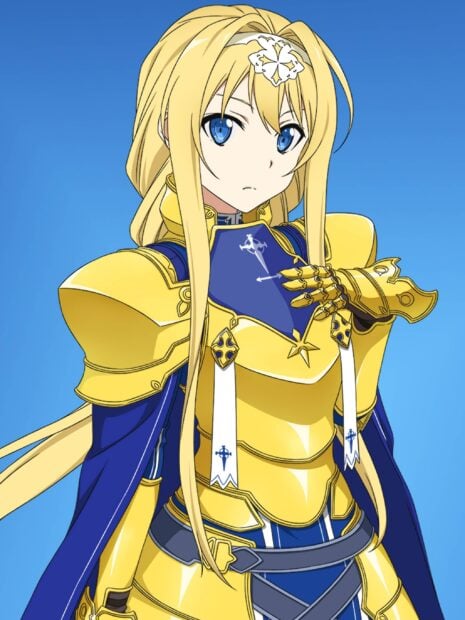 A sword warrior in golden armor with long blonde hair and blue eyes is standing confidently, 2K Desktop Wallpaper