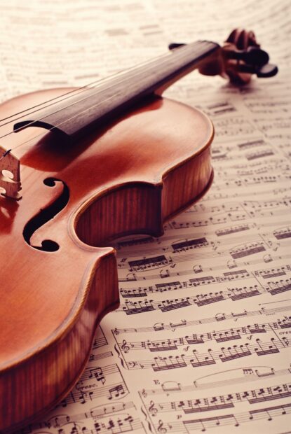 An elegant violin rests over classical music sheets with detailed notes, HD Phone Wallpaper