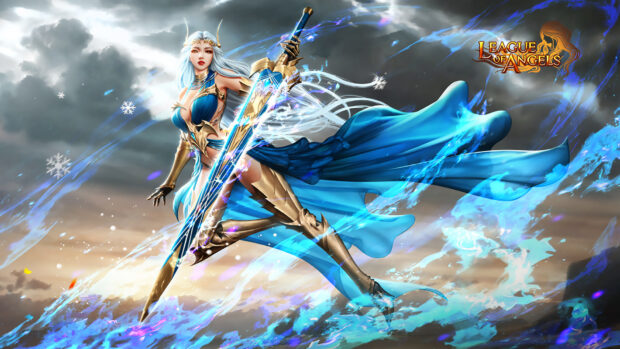 An elegant warrior holds a glowing sword with magical blue flames in League Of Angels Wallpapers, HD Desktop Wallpaper