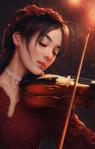 A woman in a red dress is deeply focused while playing the violin with passion, 2K Mobile Wallpaper