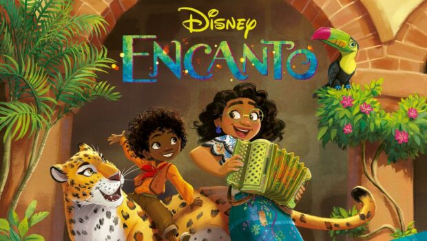 A joyful girl playing accordion with a boy and a jaguar from Encanto wallpapers, HD Desktop Wallpaper
