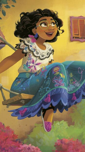 A joyful character from Encanto smiles while sitting on a swing surrounded by flowers, HD Phone Wallpaper