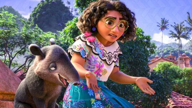 A curious scene with an Encanto character and an animal in the village setting, HD Desktop Wallpaper