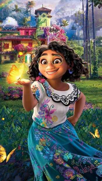 A joyful character from Encanto holds a glowing butterfly in a vibrant garden, HD Phone Wallpaper