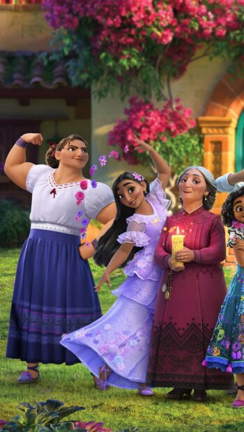 The Encanto characters are happily posing in colorful outfits with flowers, HD Mobile Wallpaper