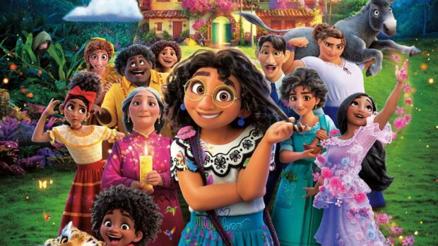 The Encanto characters are happily gathered outside a colorful house with magical surroundings, HD Desktop Wallpaper