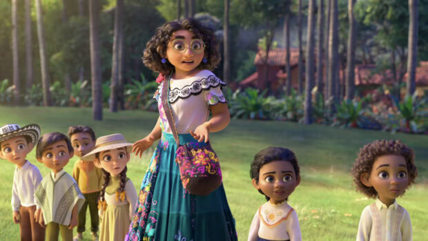 The Encanto characters stand together in a lush forest scene displaying surprise and curiosity, HD Desktop Wallpaper
