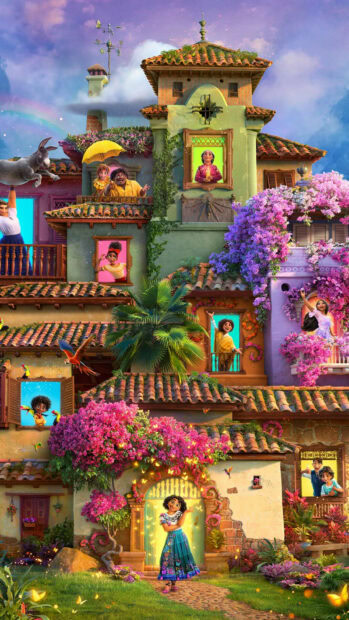 The Encanto colorful house shows various characters in windows and garden, HD Mobile Wallpaper