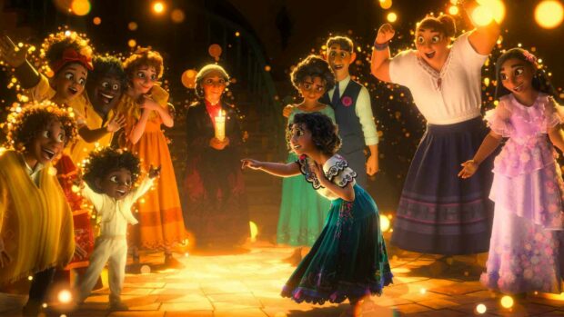 The Encanto family is joyfully celebrating surrounded by floating golden lights, HD Desktop Wallpaper
