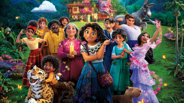 The Encanto characters stand together in a colorful magical garden showing their unique gifts, HD Desktop Wallpaper