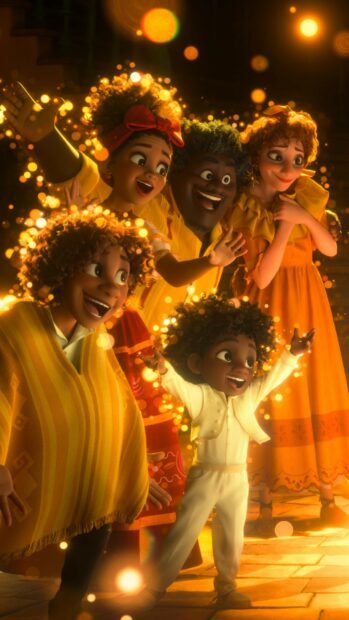 A joyful Encanto family celebrates surrounded by magical glowing lights, 2K Mobile Wallpaper