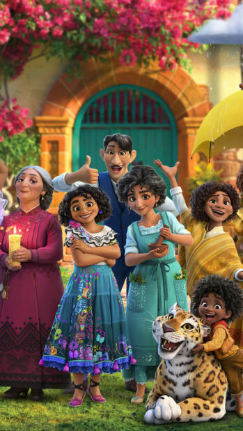 The Encanto family stands together happily in a colorful setting with a friendly jaguar, HD Mobile Wallpaper