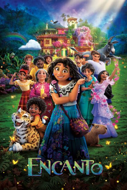 The Encanto family stands together near a colorful magical house with animals and butterflies, 2K Mobile Wallpaper