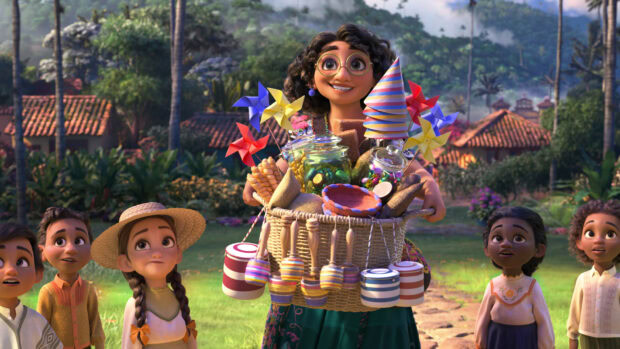 A joyful Encanto character holding a basket full of colorful toys and treats with children around, HD Desktop Wallpaper