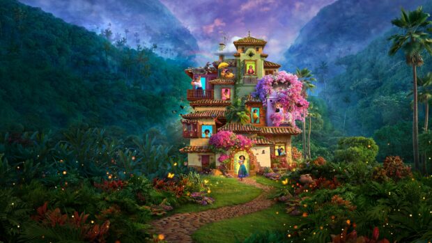The Encanto magical house stands surrounded by lush greenery and colorful flowers under a vibrant sky, 4K Desktop Wallpaper