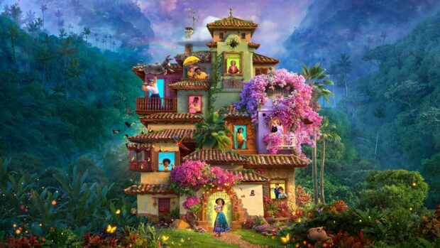 The Encanto magical house is surrounded by lush forest and colorful flowers showing the family inside, 4K Desktop Wallpaper