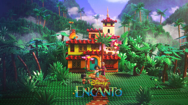 A Lego version of the magical Encanto house with family figures in a vibrant forest, HD Desktop Wallpaper