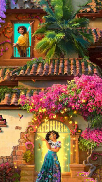 A joyful woman stands by a colorful door with butterflies and flowers around, HD Mobile Wallpaper