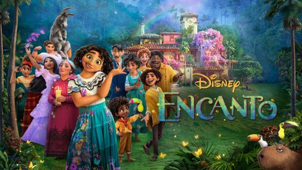 The Encanto characters gather happily in front of their magical house in a vibrant scene, HD Desktop Wallpaper