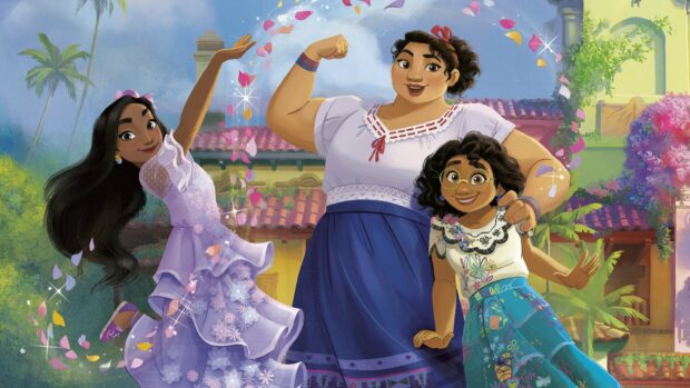 The image shows three vibrant characters from Encanto celebrating with joy and colorful petals, HD Desktop Wallpaper