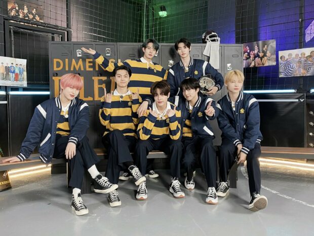 The Enhypen Wallpapers show members sitting and standing wearing coordinated outfits, HD Desktop Wallpaper