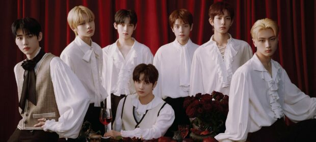 Enhypen Wallpapers feature the members dressed in vintage outfits with a red curtain backdrop, 2K Desktop Wallpaper