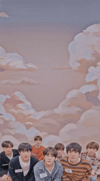 Enhypen Wallpapers featuring all members posing in front of pastel clouds, HD Phone Wallpaper