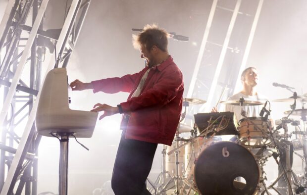 Enter Shikari band performing energetically with drums and keyboard, HD Desktop Wallpaper
