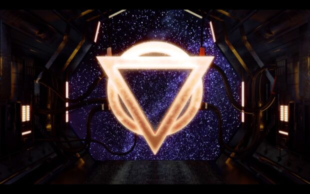 The Enter Shikari band symbol glows with a triangle shape against a starry space background, 2K Desktop Wallpaper