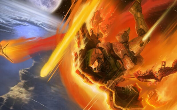 Một người lính mặc áo giáp chiến đấu trong một vụ nổ dữ dội trong Halo Wars, Hình nền máy tính HD