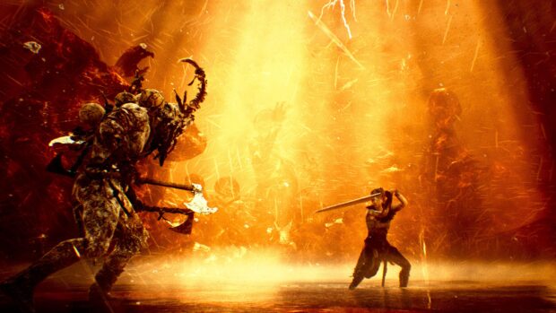 A warrior fights a monstrous creature in a fiery environment, 4K Desktop Wallpaper