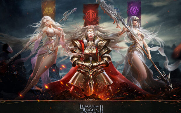 A warrior with a sword and two angels holding spears stand ready in a dramatic fiery scene from League Of Angels Wallpapers, HD Desktop Wallpaper