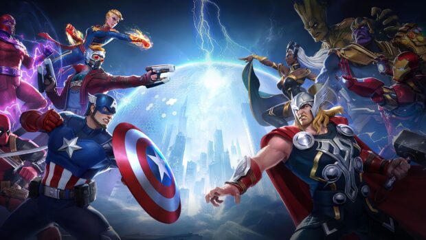 The super heroes stand ready for battle in a futuristic city setting, 4K Desktop Wallpaper