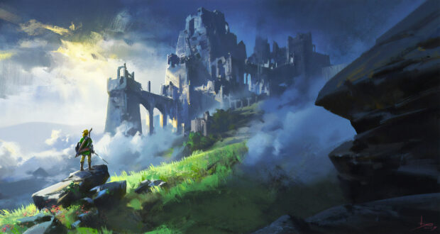 A figure stands overlooking a misty ancient castle in The Legend Of Zelda, 4K Desktop Wallpaper